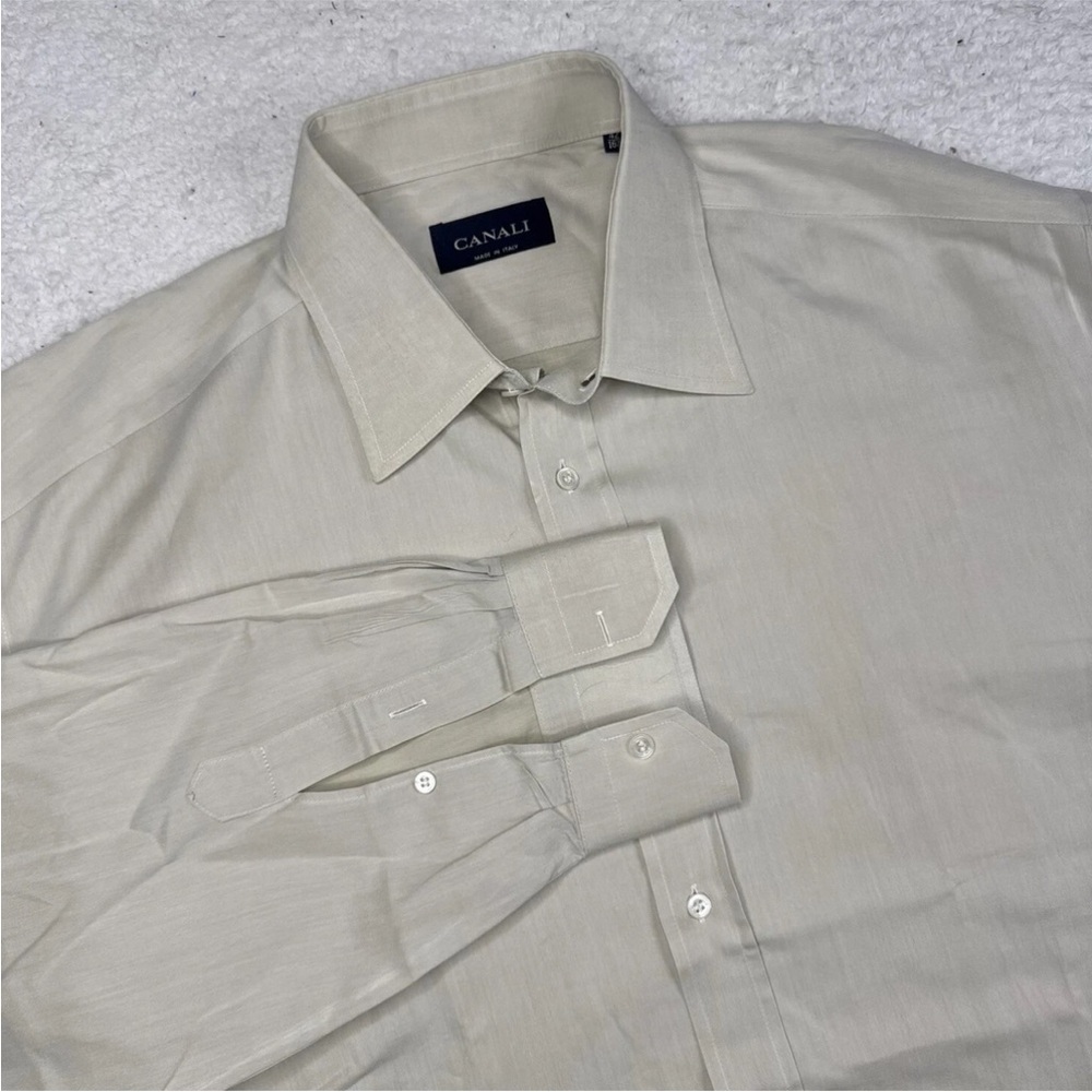 Canali‎ Dress Shirt Men’s 16.5 (42) Beige Tan Button Up Long Sleeve Cotton Italy
